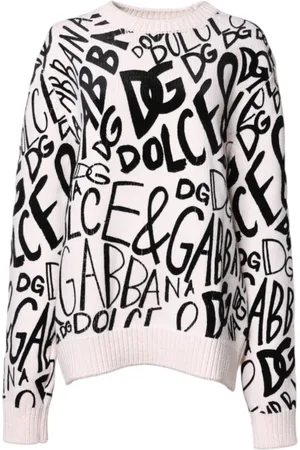 Dolce & Gabbana Strik, Dame, Flerfarvet, XS, Uld, Sort Logo Print Crew Neck Sweater