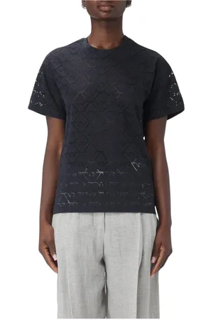 Emporio Armani Top, Dame, Blå, S, Blå Logo T-shirt LaserCut Stil