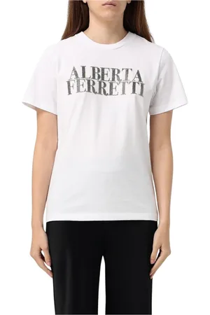 Alberta Ferretti Top, Dame, Hvid, M, Uld, Sort Logo Tee, alsidig og stilfuld