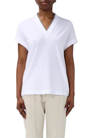Brunello Cucinelli Top, Dame, Hvid, XL, Bomuld, Blå V-hals T-shirt