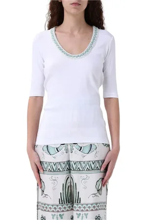 Fabiana Filippi Top, Dame, Hvid, 2XS, Bomuld, Ribbet V-hals perletop