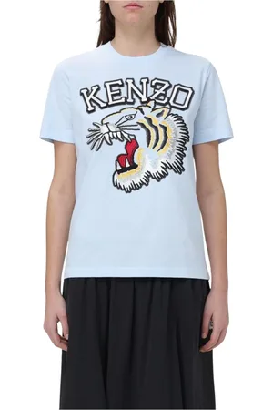 Kenzo Top, Dame, Blå, L, Bomuld, Broderet Tigerhoved T-shirt Hvid