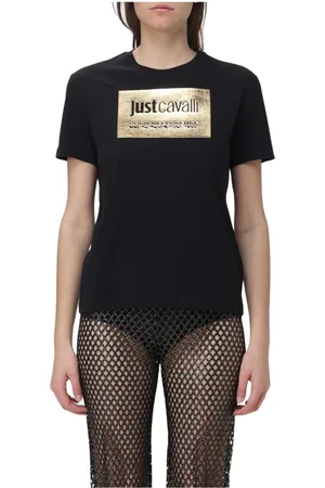 Roberto Cavalli Top, Dame, Sort, XS, Uld, Sort Guld Logo T-shirt Kvinders Mode