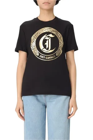Roberto Cavalli Top, Dame, Sort, L, Sort Grafisk Print Crewneck T-Shirt