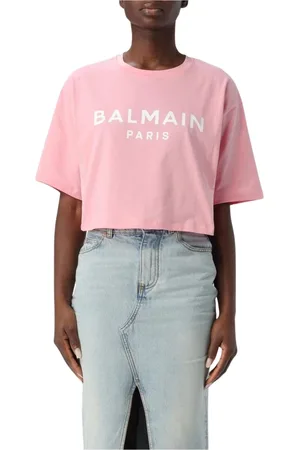 Balmain Top, Dame, Lyserød, M, Bomuld, Logo Crop Tee i Hvid