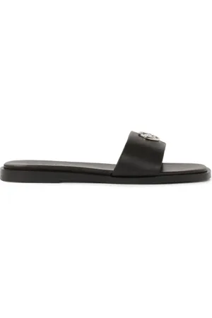 Kazar Sko, Dame, Sort, 38 EU, Læder, Sort læder flip-flops med sølv monogram
