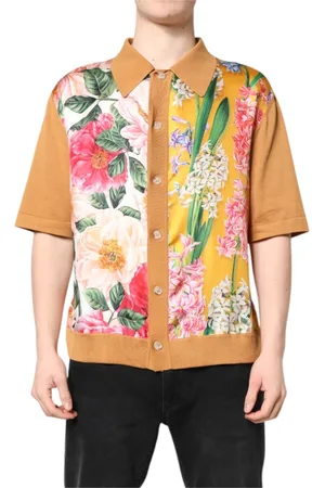 Dolce & Gabbana Skjorte, Herre, Flerfarvet, M, Bomuld, Brun Blomstret Krave T-shirt