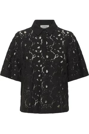 Soaked in Luxury Top, Dame, Sort, M, Bomuld, Sort Polo Skjorte med Broderie Anglaise