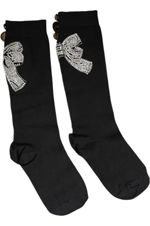 Dolce & Gabbana Undertøj, Dame, Sort, ONE SIZE, Uld, Sort Strik Blomst Krystal Pynt Sokker