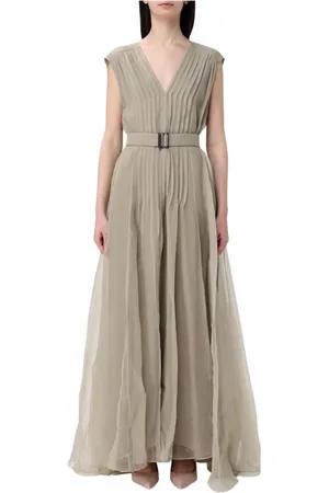 Brunello Cucinelli Kjole, Dame, , S, Organza, Grå Silke Organza Plisseret Maxi Kjole