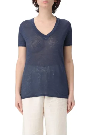 120% Lino Top, Dame, Blå, L, Linned, Marineblå Linned V-hals T-shirt