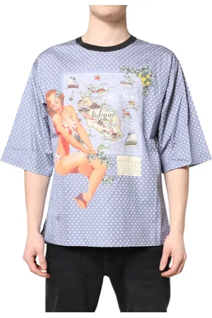 Dolce & Gabbana Top, Herre, Blå, L, Bomuld, Grafisk Print Crew Neck T-shirt