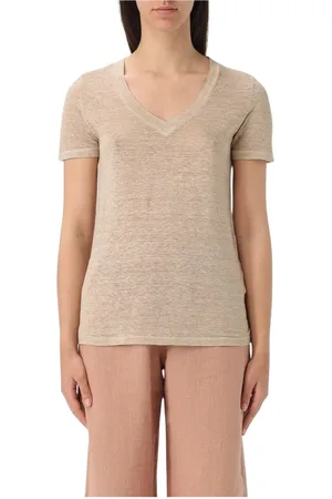 120% Lino Top, Dame, , M, Linned, Marineblå Linned V-hals T-shirt