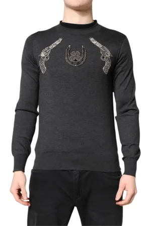 Dolce & Gabbana Strik, Herre, Grå, S, Cashmere, Grå Broderi Strik Herre Pullover Sweater