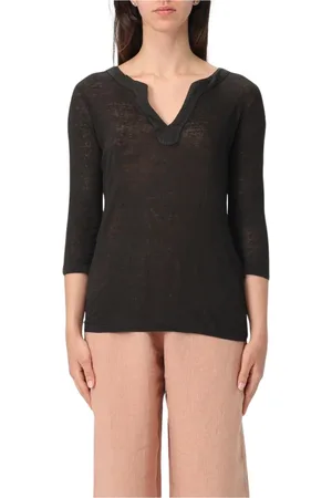 120% Lino Top, Dame, Sort, M, Sort Hør V-Hals Top