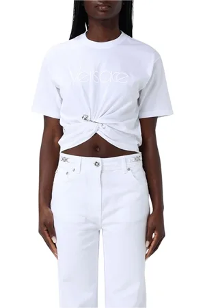 VERSACE Top, Dame, Hvid, 2XS, Bomuld, Pink Knotted Hem T-Shirt