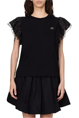 Twin-Set Kjole, Dame, Sort, 2XS, Bomuld, Sort Rynke Kortærmet Top