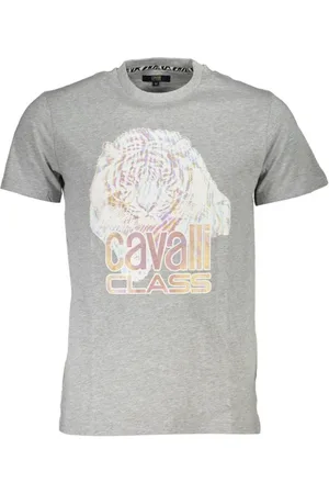 Roberto Cavalli Top, Herre, Grå, 2XL, Bomuld, Grå Bomuld Trykt Logo T-Shirt