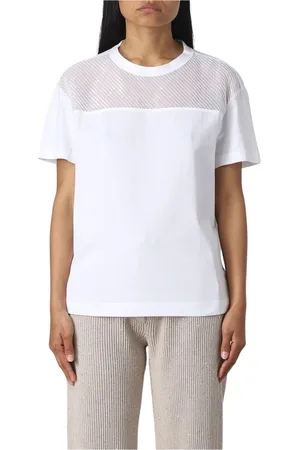 Brunello Cucinelli Top, Dame, Hvid, M, Bomuld, Hvid Bomuld T-Shirt Sheer Panel