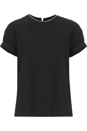 Brunello Cucinelli Top, Dame, Sort, M, Tyl, Grå Crew Neck T-shirt Elegant Stil