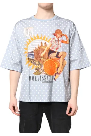 Dolce & Gabbana Top, Herre, Blå, XL, Bomuld, Grafisk Print Crew Neck T-shirt