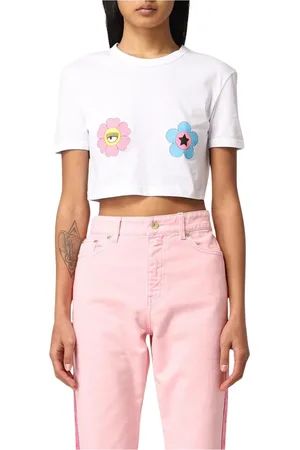 Chiara Ferragni Top, Dame, Hvid, L, Uld, Eyestar Flowers Print Cropped T-Shirt
