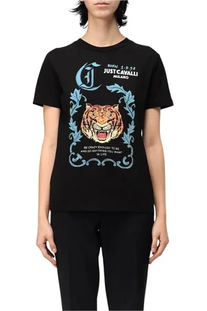 Roberto Cavalli Top, Dame, Sort, M, Uld, Tiger Grafisk Tee Stilfuld Casual Skjorte