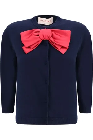 VALENTINO Strik, Dame, Blå, XS, Satin, Sløjfetrøje med Maxi Satin Sløjfe