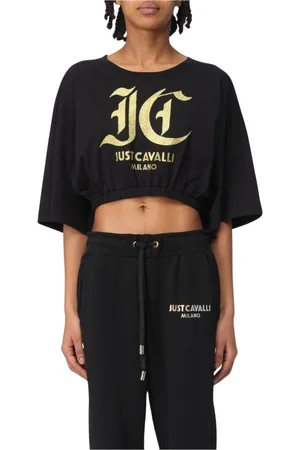 Roberto Cavalli Top, Dame, Sort, S, Uld, Sort Broderet Logo T-Shirt