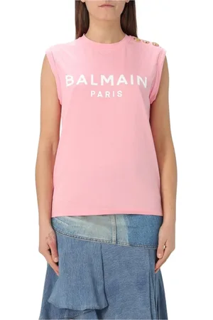 Balmain Top, Dame, Lyserød, XS, Bomuld, Elegant Hvidt Logo Tee