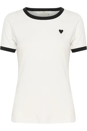 Kaffe Top, Dame, Hvid, XL, Hjerte Broderet T-shirt Top Chalk/Black