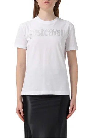 Roberto Cavalli Top, Dame, Hvid, L, Bomuld, Sort Rhinestone Logo T-Shirt