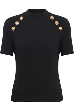 Balmain Top, Dame, Sort, M, Uld, 6-knaps jersey T-shirt