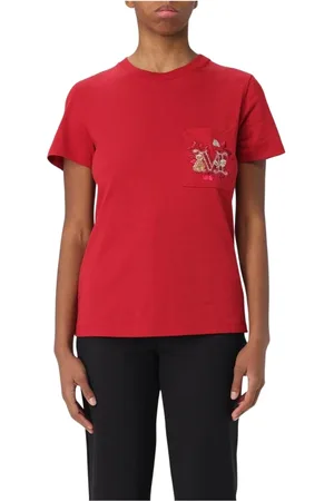 Max Mara Top, Dame, Rød, L, Bomuld, Hvid Broderet Lomme T-Shirt