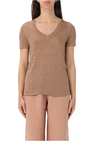120% Lino Top, Dame, Brun, M, Linned, Marineblå Linned V-hals T-shirt