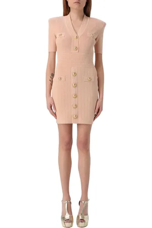 Balmain Kjole, Dame, Lyserød, XL, Elegant Knappetalje Mini Kjole