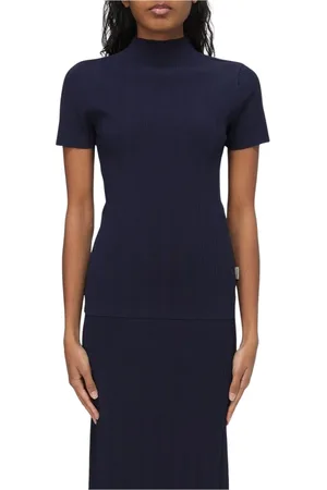 REMAIN Birger Christensen Top, Dame, Blå, S, Blå Ribstrikket Mock Hals Top