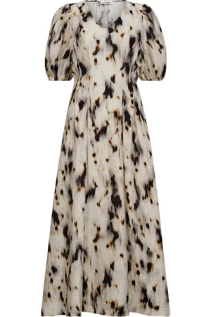 Co`Couture Kjole, Dame, Hvid, XL, Elegant Plisseret Kjole med Abstrakt Print