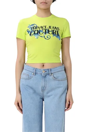 VERSACE Top, Dame, Grøn, 2XS, Ikonisk Logo Print Sort T-Shirt