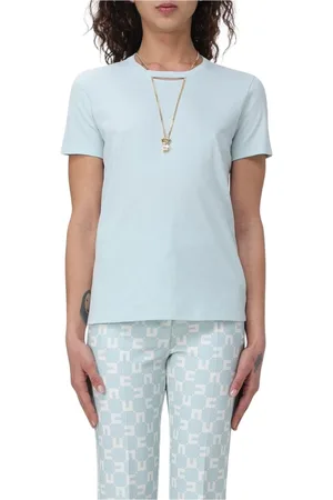 Elisabetta Franchi Top, Dame, Blå, XL, Bomuld, Elegant Keyhole Neck Short Sleeve Tee