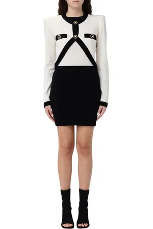 Balmain Kjole, Dame, Hvid, L, Uld, Elegant TwoTone Strik Mini Kjole