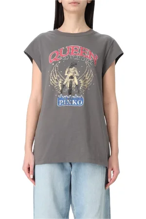 Pinko Top, Dame, Grå, XS, Uld, Stilfuld Grafisk Tee til Kvinder