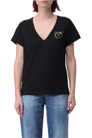 Pinko Top, Dame, Sort, XS, Bomuld, Sort udsmykket V-hals T-shirt