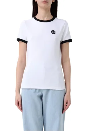 Kenzo Top, Dame, Hvid, XS, Bomuld, Sort Kortærmet Ribbet T-shirt