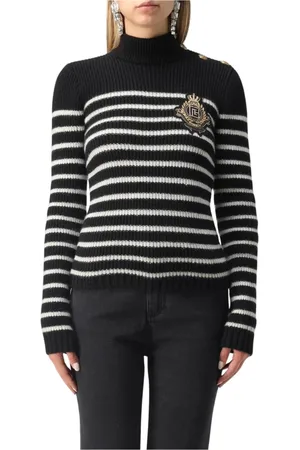Balmain Strik, Dame, Sort, M, Uld, Luksuriøs Stribet Strik Trøje