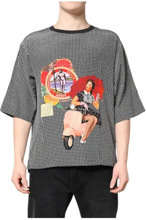 Dolce & Gabbana Top, Herre, Flerfarvet, L, Grafisk Print Silke T-shirt