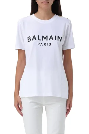 Balmain Top, Dame, Hvid, M, Bomuld, Sort Logo T-shirt til kvinder