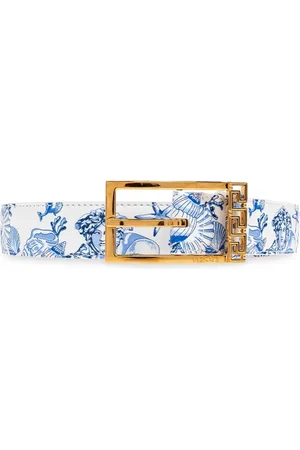 VERSACE Tilbehør, Herre, Blå, 85 CM, Læder, Læderbælte med Coral Theatre Allove print