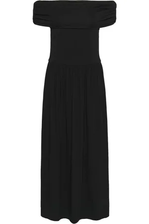 Soaked in Luxury Kjole, Dame, Sort, S, Uld, Elegant Off-Shoulder Sort Kjole med Flæse