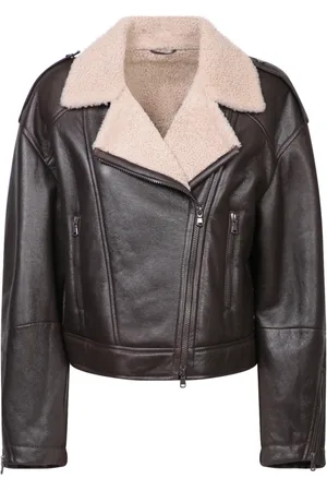Brunello Cucinelli Jakke, Dame, Brun, XS, Læder, Brun Shearling Krave Læderjakke